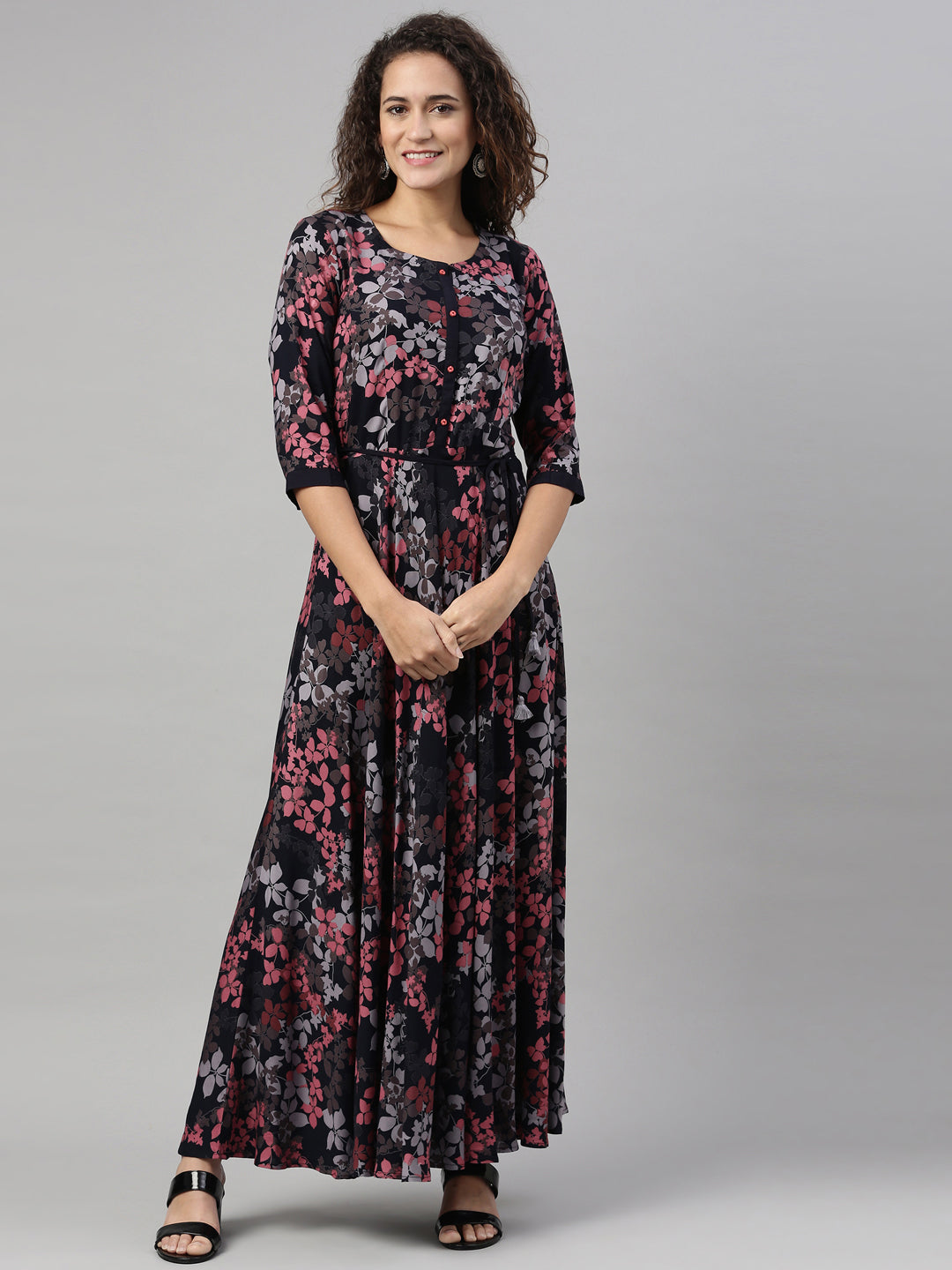 Neerus Pink rayon printed A-Line kurta - detail view 4