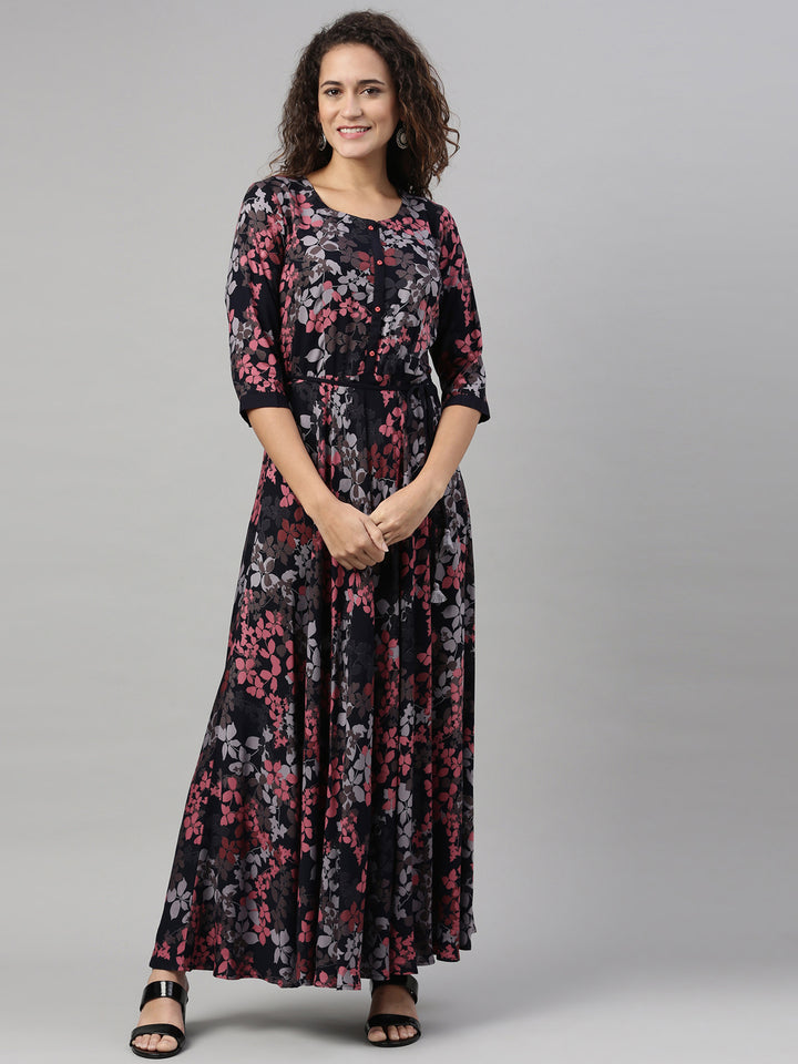 Neerus Pink rayon printed A-Line kurta - detail view 4