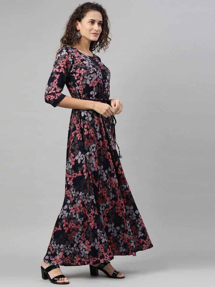 Neerus Pink rayon printed A-Line kurta - front view