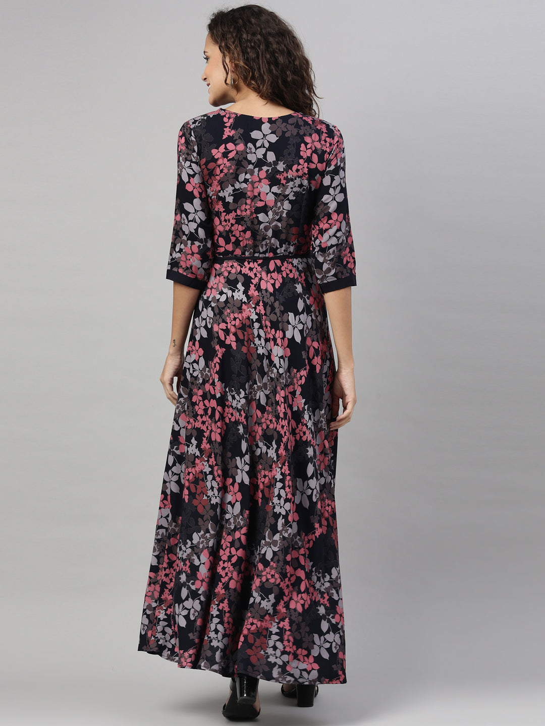 Neerus Pink rayon printed A-Line kurta - back view