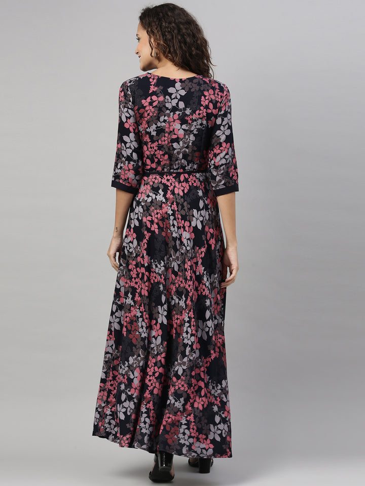 Neerus Pink rayon printed A-Line kurta - back view