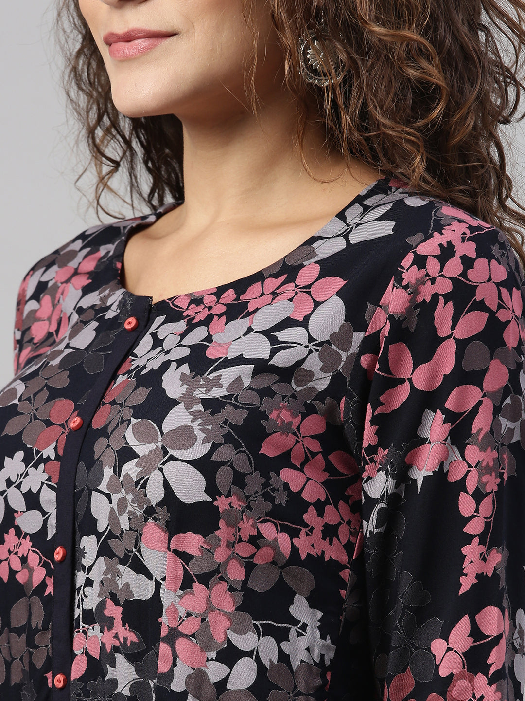 Neerus Pink rayon printed A-Line kurta - side view