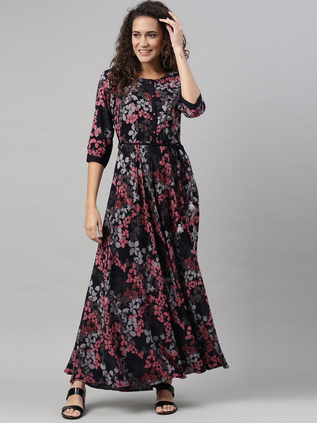 Neerus Pink rayon printed A-Line kurta - detail view 1