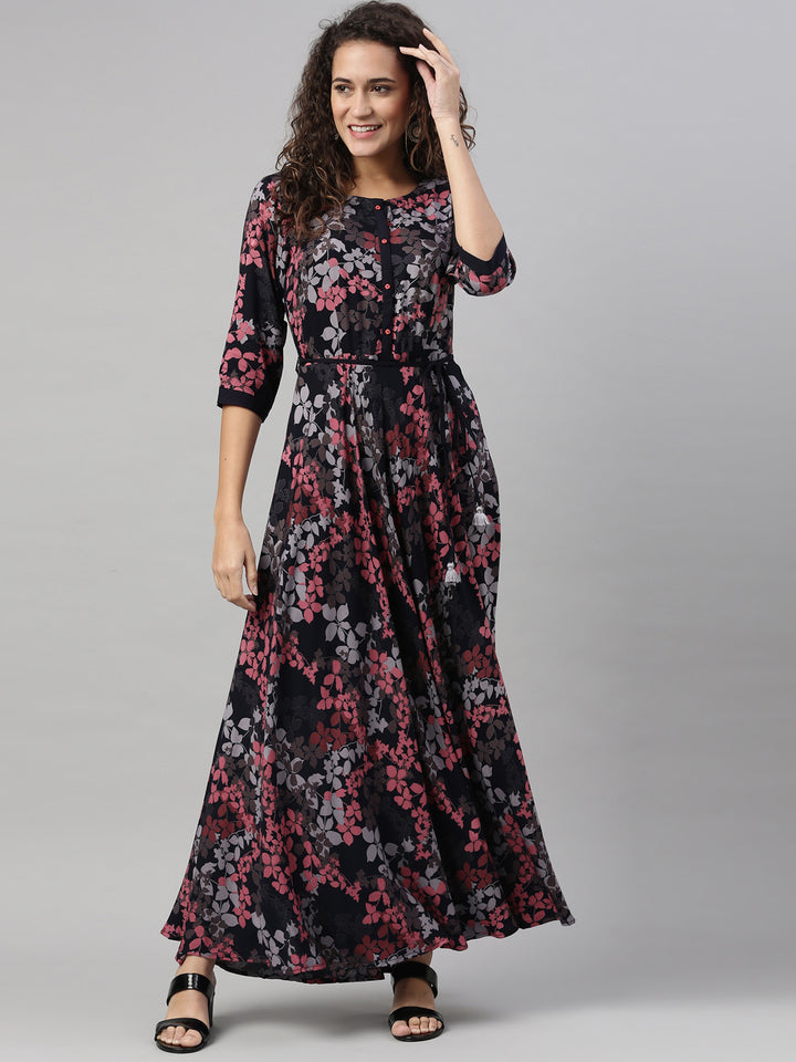 Neerus Pink rayon printed A-Line kurta - detail view 1