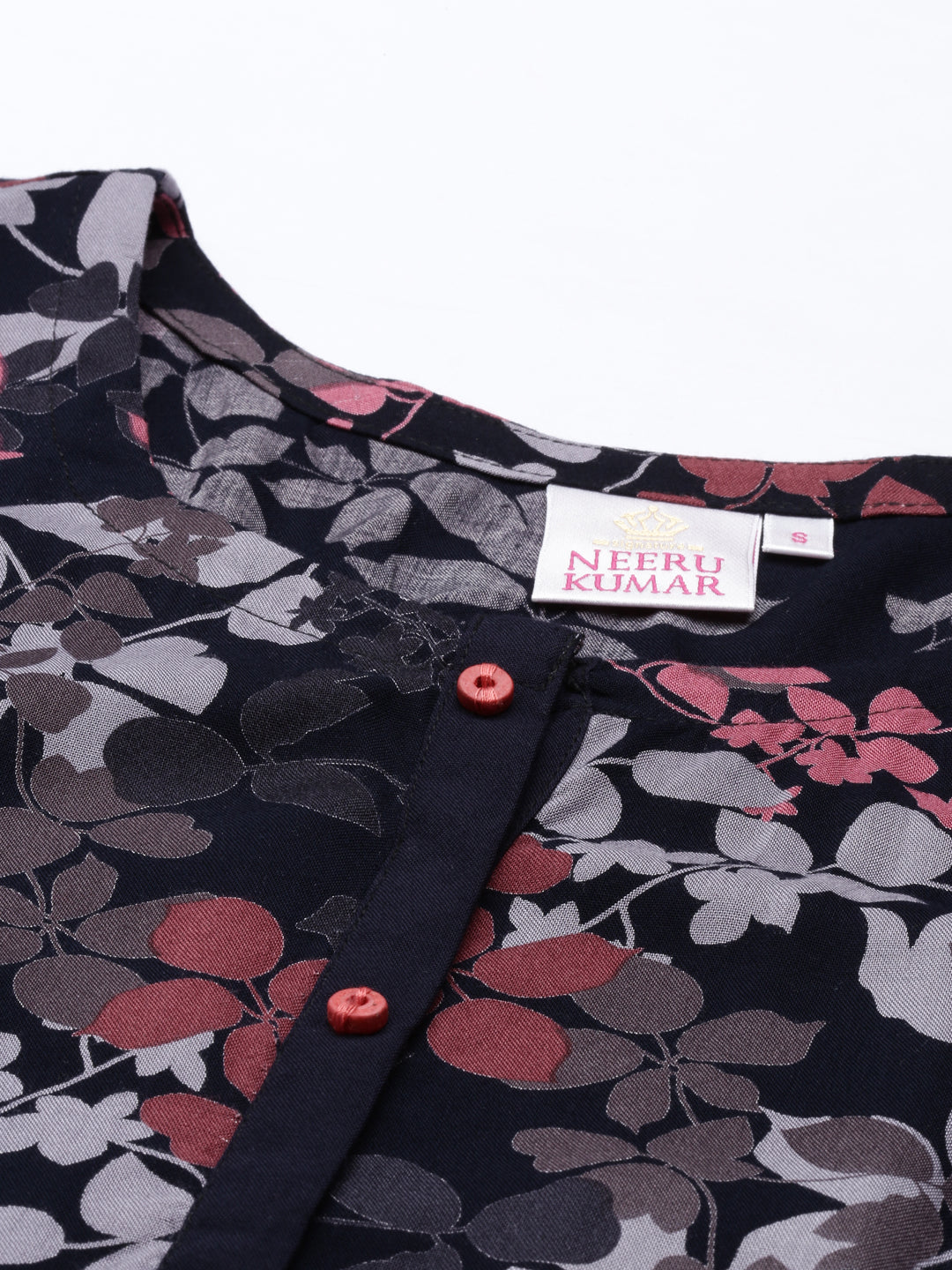Neerus Pink rayon printed A-Line kurta - detail view 2