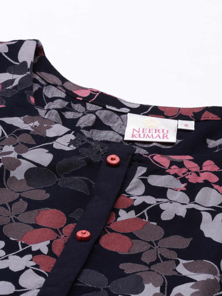 Neerus Pink rayon printed A-Line kurta - detail view 2