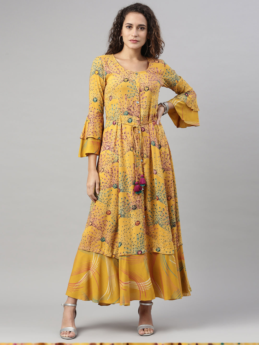 Neerus Yellow rayon printed kurta - detail view 4