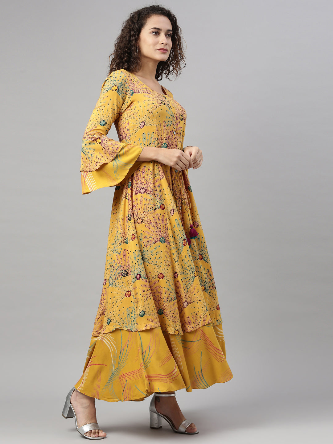 Neerus Yellow rayon printed kurta - front view