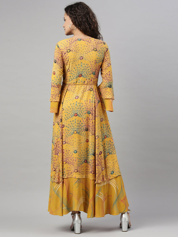 Neerus Yellow rayon printed kurta - back view