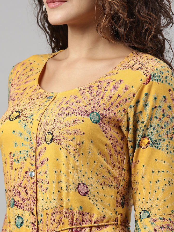 Neerus Yellow rayon printed kurta - side view