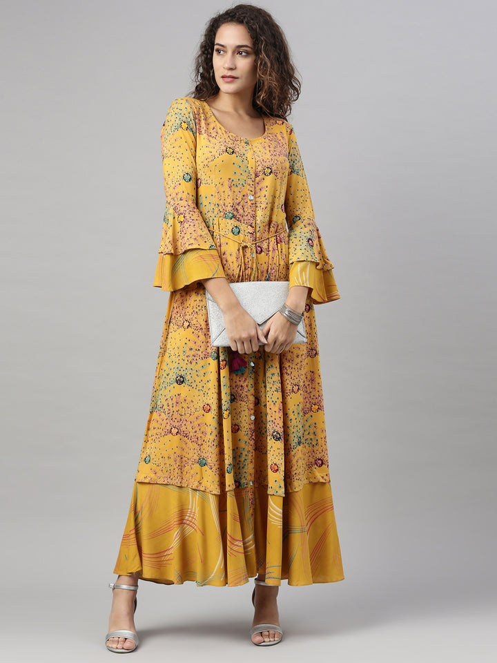 Neerus Yellow rayon printed kurta - detail view 1