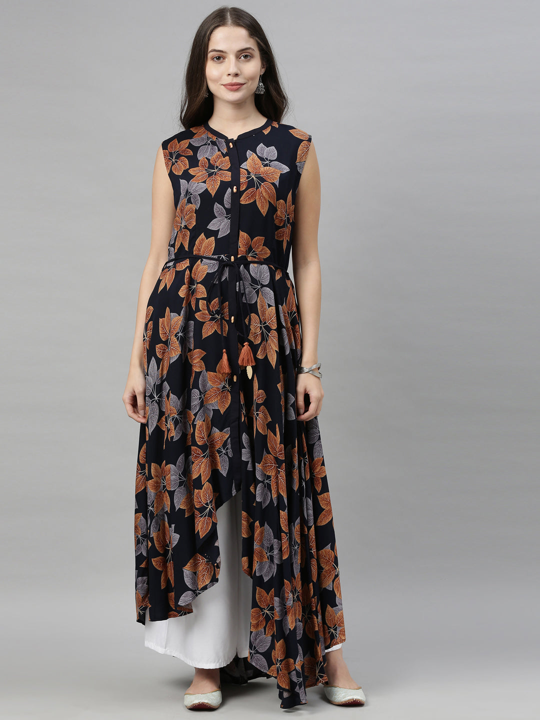 Neerus Blue rayon printed high-low kurti - front view