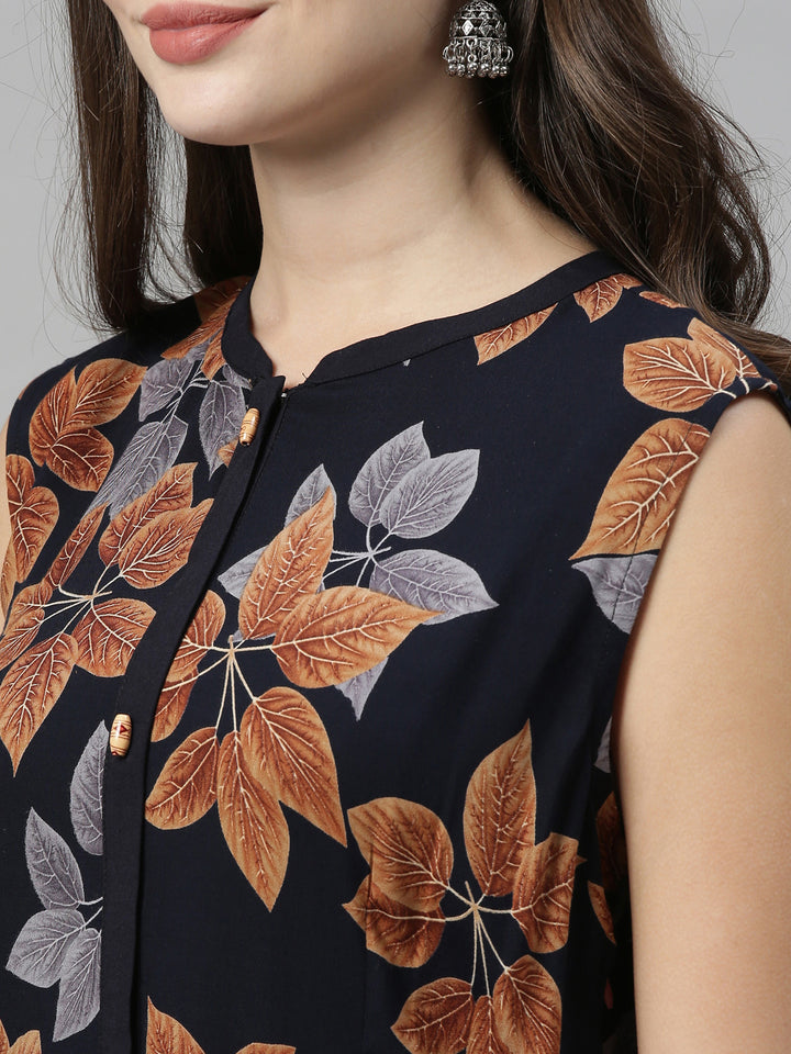 Neerus Blue rayon printed high-low kurti - back view