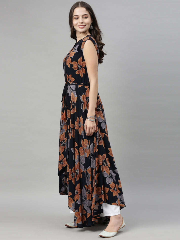 Neerus Blue rayon printed high-low kurti - detail view 1