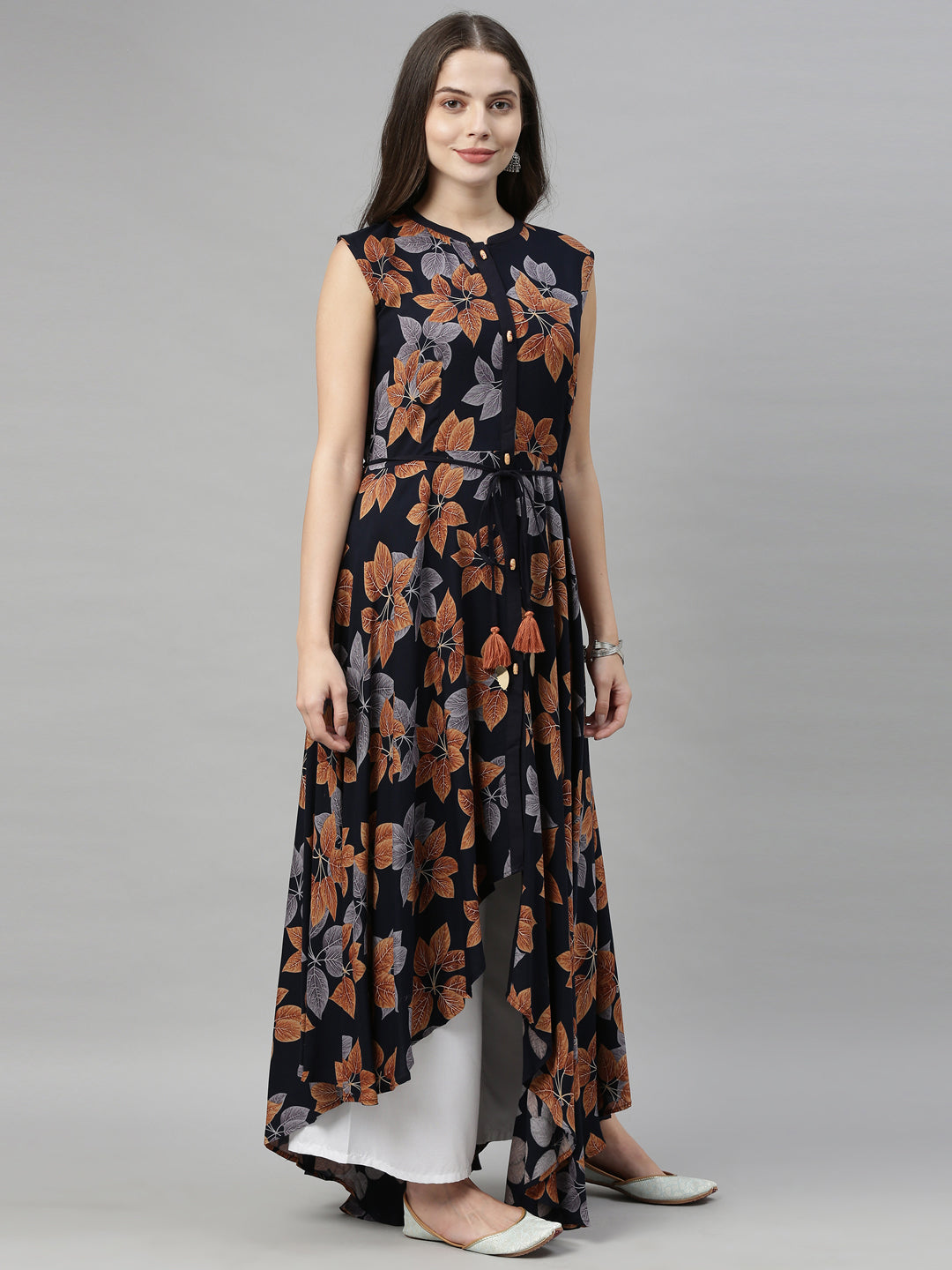 Neerus Blue rayon printed high-low kurti - detail view 2