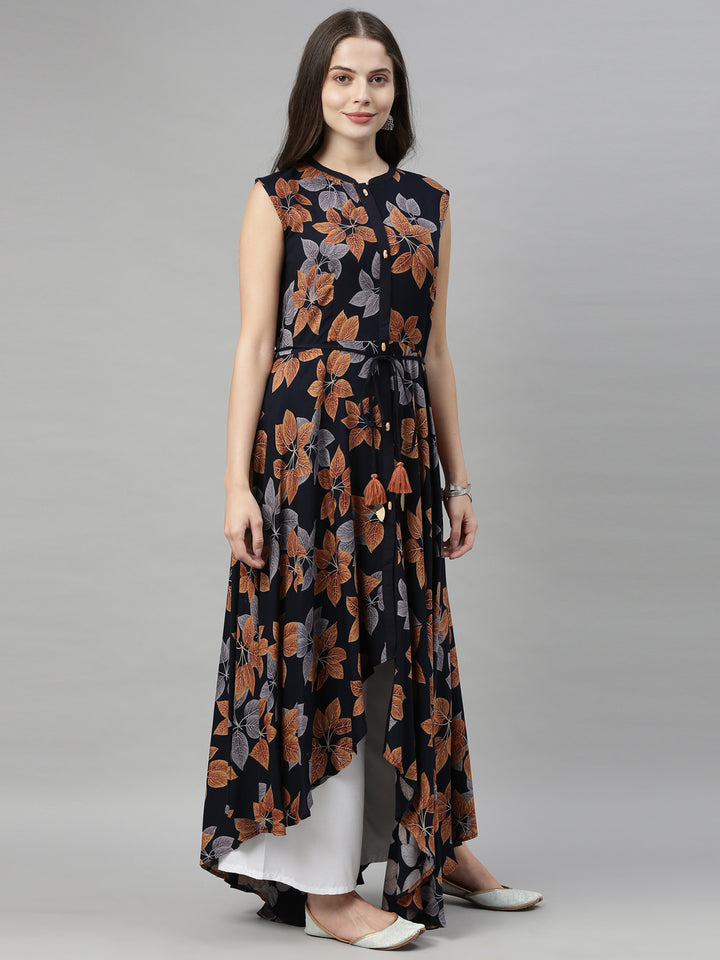 Neerus Blue rayon printed high-low kurti - detail view 2