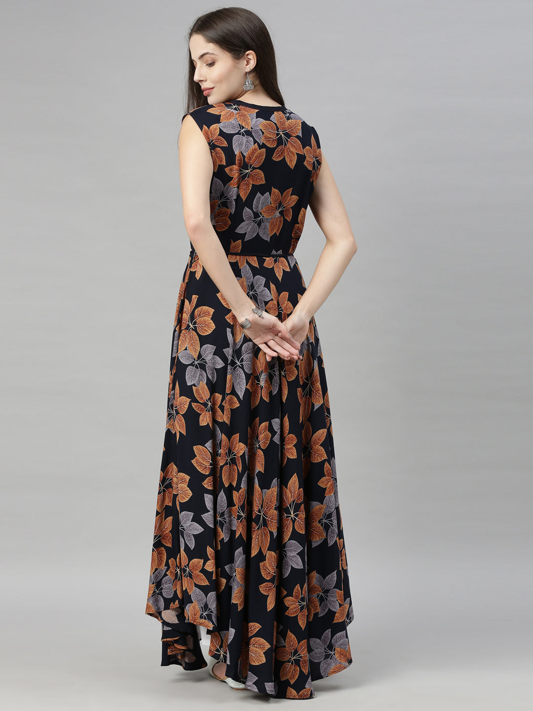 Neerus Blue rayon printed high-low kurti - detail view 3