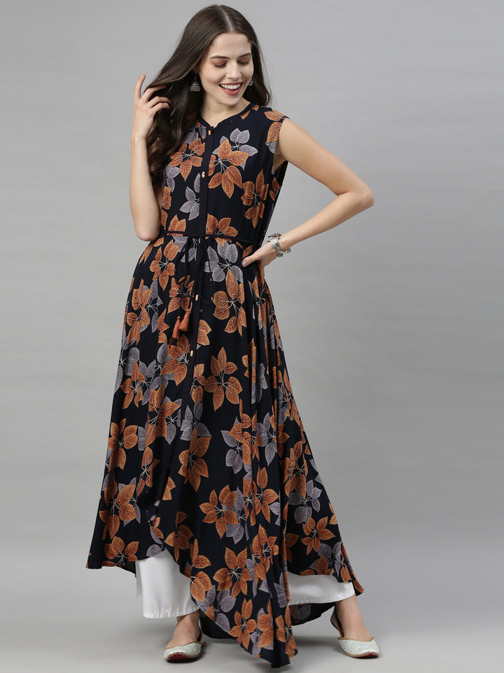 Neerus Blue rayon printed high-low kurti - detail view 4