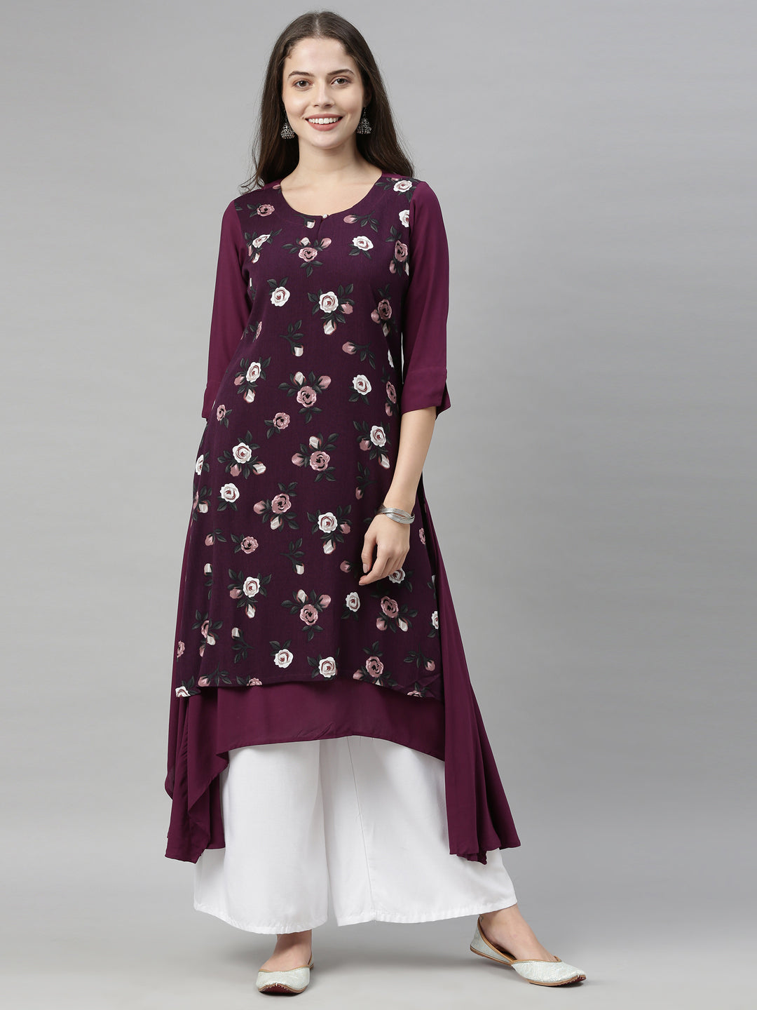 Neerus Purple rayon straight kurti - front view