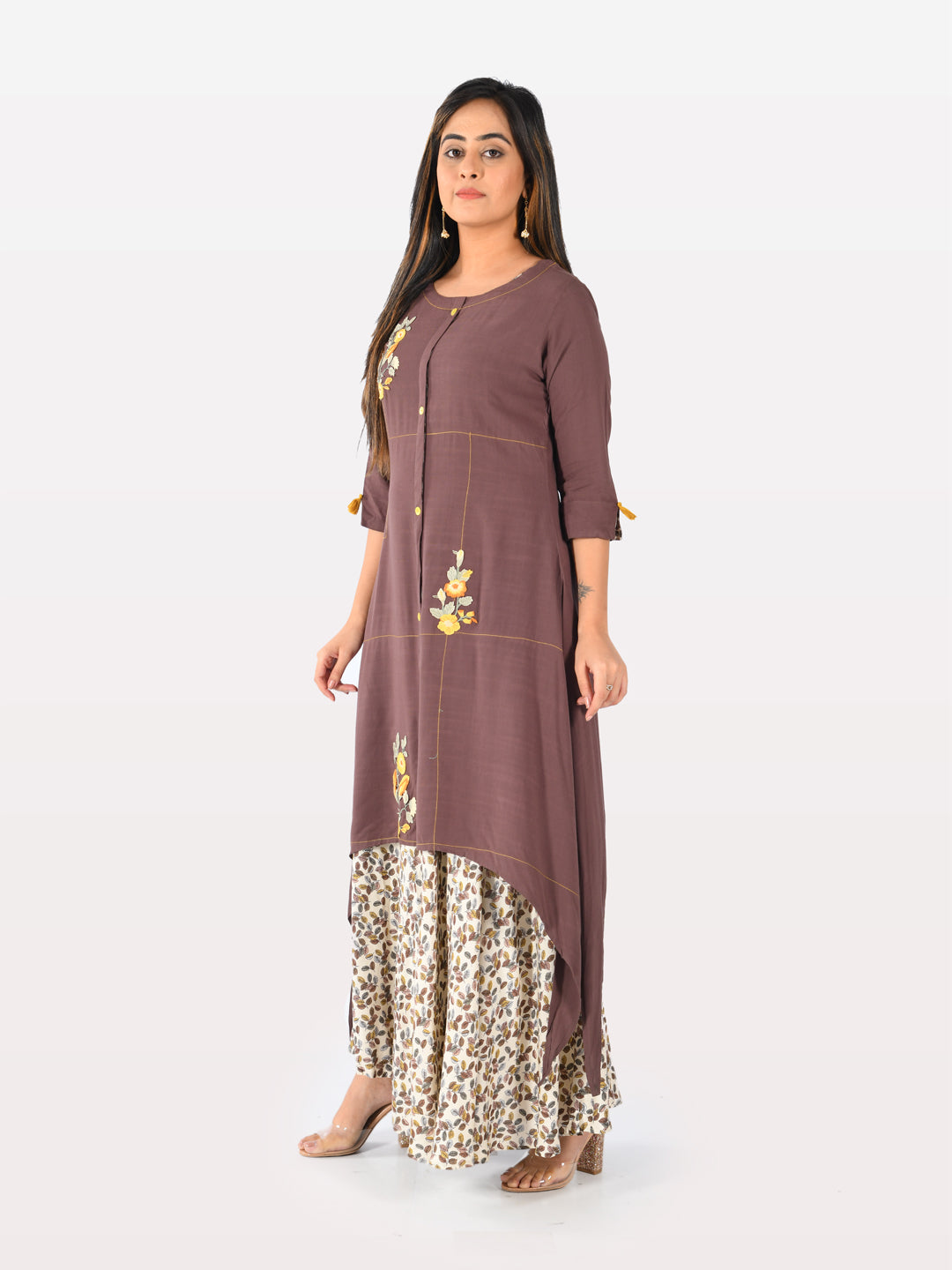 Neerus Grey rayon straight kurti double shirt style - detail view 2