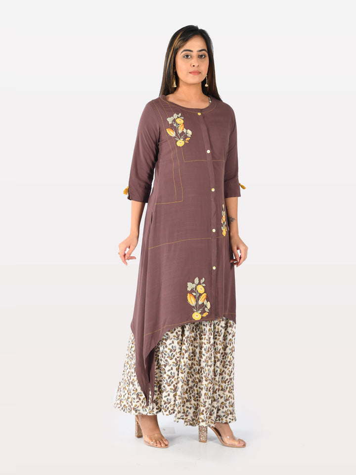 Neerus Grey rayon straight kurti double shirt style - front view