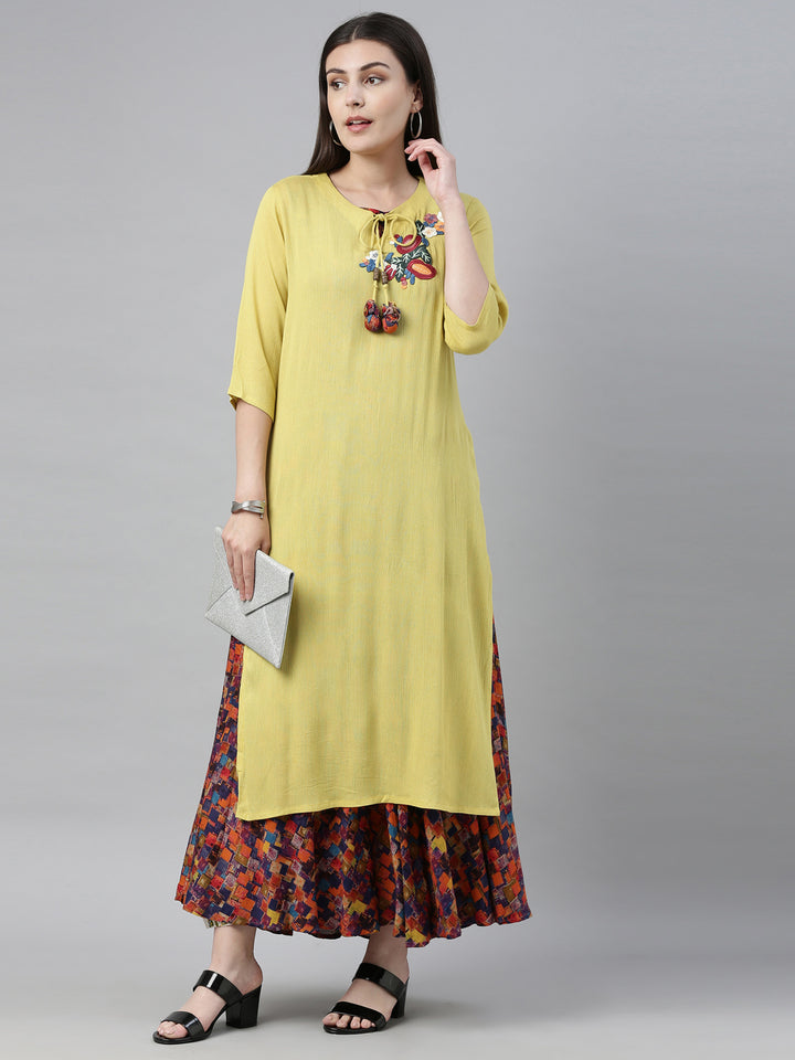 Neerus Lime Yellow Embroidered Straight Kurta