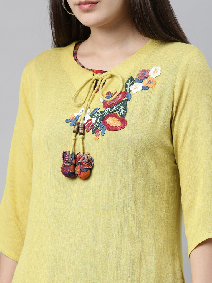 Neerus Lime Yellow Embroidered Straight Kurta