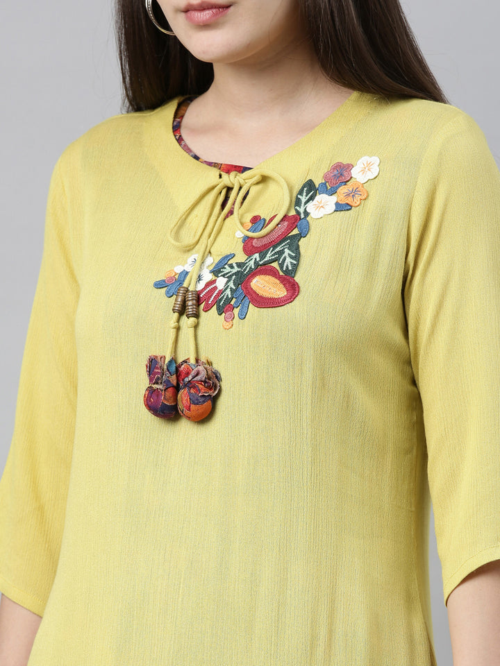 Neerus Lime Yellow Embroidered Straight Kurta