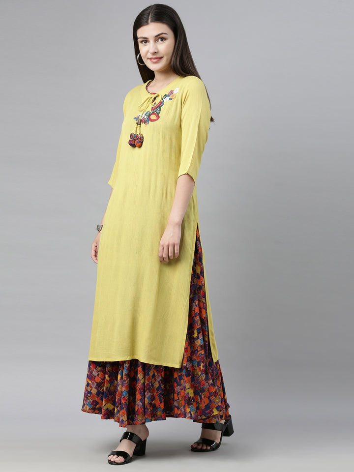 Neerus Lime Yellow Embroidered Straight Kurta