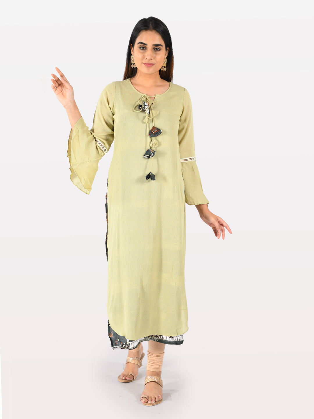 Neerus Women Pista Green Color Chiffon Fabric Double Shirt