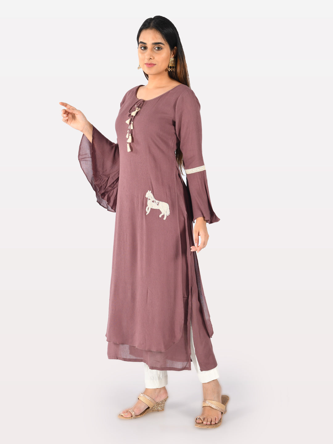 Neerus Purple printed straight double layered kurta - detail view 2