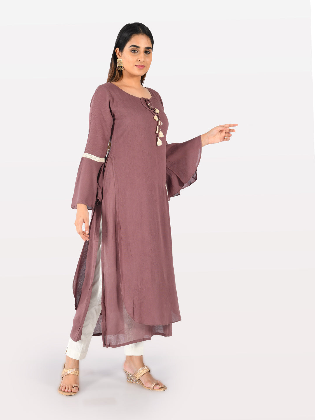 Neerus Purple printed straight double layered kurta - side view