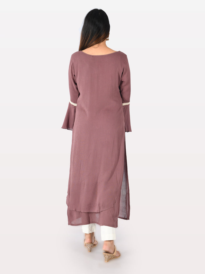 Neerus Purple printed straight double layered kurta - detail view 1