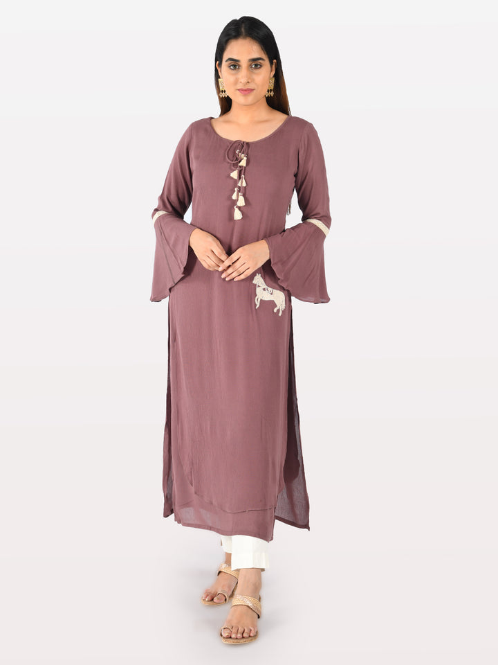 Neerus Purple printed straight double layered kurta - front view