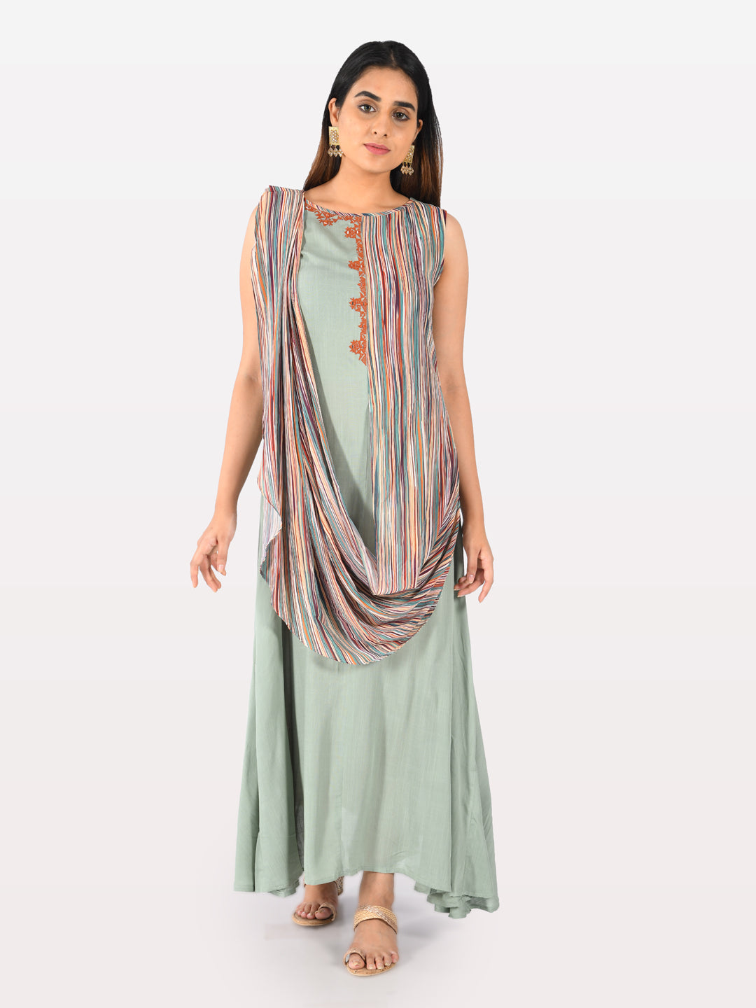 Neeru's Mint Embroidered A Line Kurta With Attached Dupatta