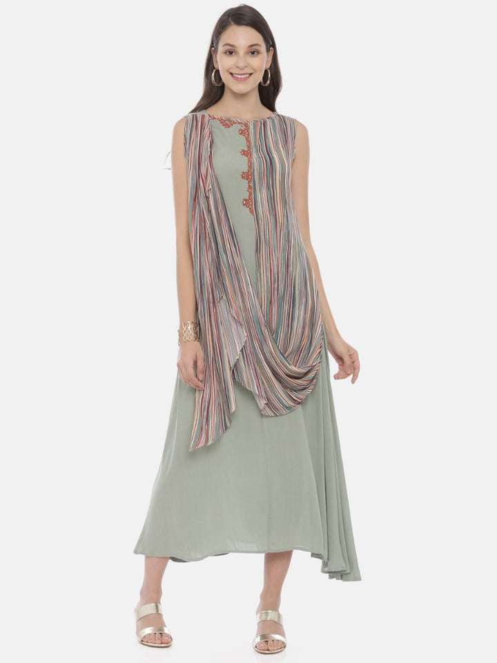 Neerus Green Viscose Rayon Printed A-Line Kurti with Attached Dupatta - front view
