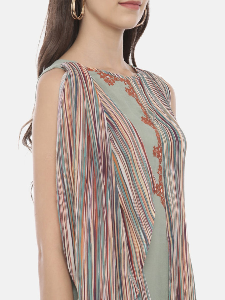 Neerus Green Viscose Rayon Printed A-Line Kurti with Attached Dupatta - back view
