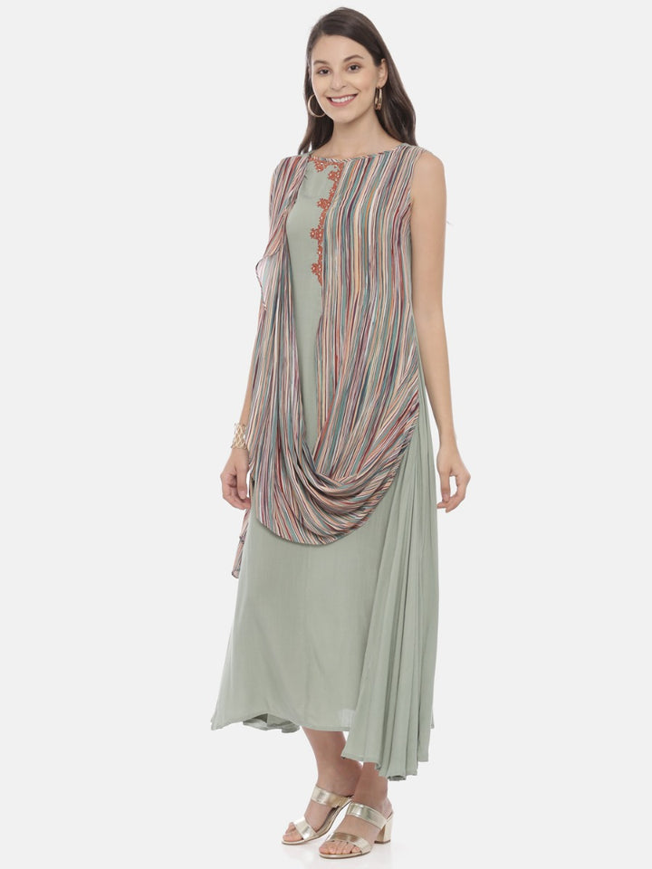 Neerus Green Viscose Rayon Printed A-Line Kurti with Attached Dupatta - side view