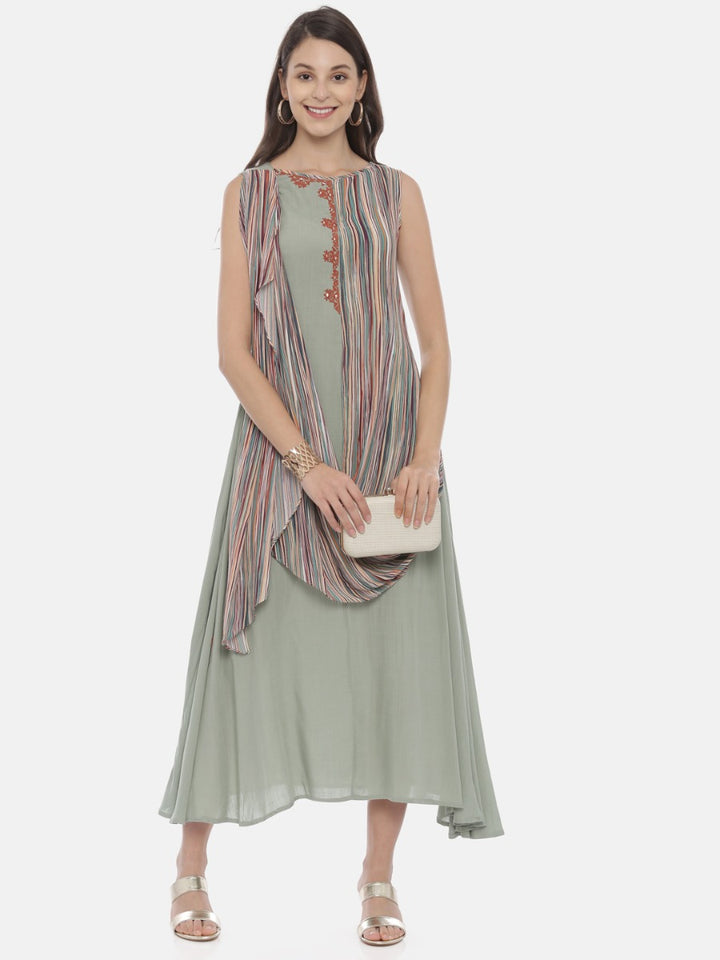 Neerus Green Viscose Rayon Printed A-Line Kurti with Attached Dupatta - detail view 3