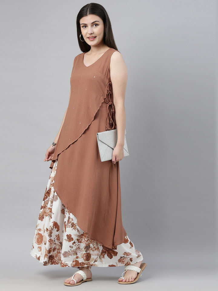 Neerus Brown & White Embellished Kurta & Palazzo Set