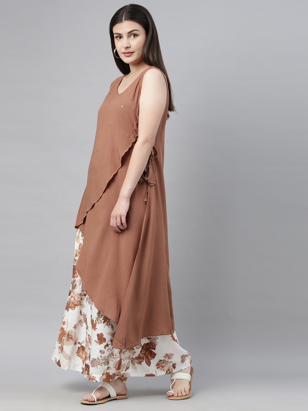 Neeru's Brown & White Embellished Kurta & Palazzo Set