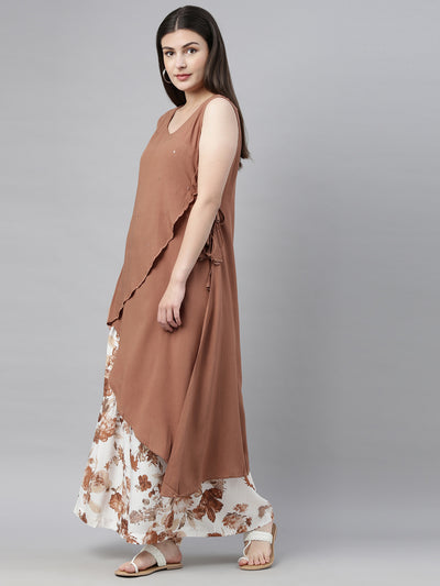 Neeru's Brown & White Embellished Kurta & Palazzo Set
