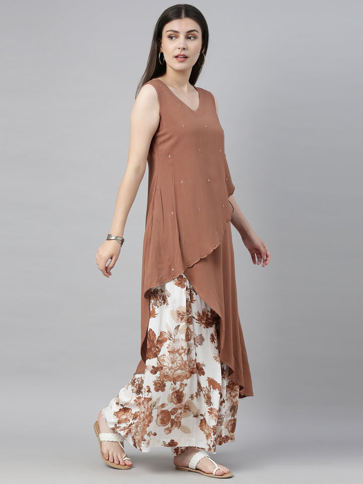 Neerus Brown & White Embellished Kurta & Palazzo Set