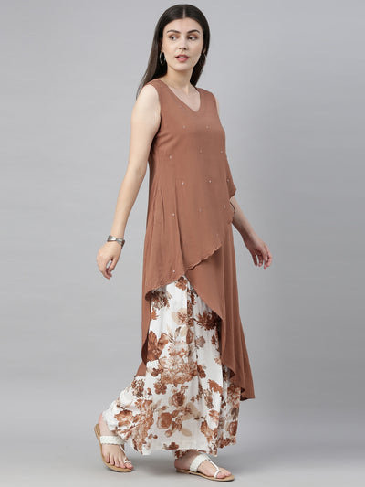 Neeru's Brown & White Embellished Kurta & Palazzo Set