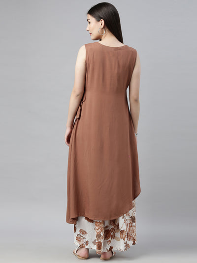 Neeru's Brown & White Embellished Kurta & Palazzo Set