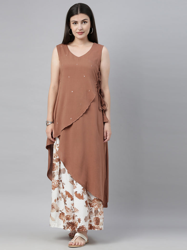 Neerus Brown & White Embellished Kurta & Palazzo Set