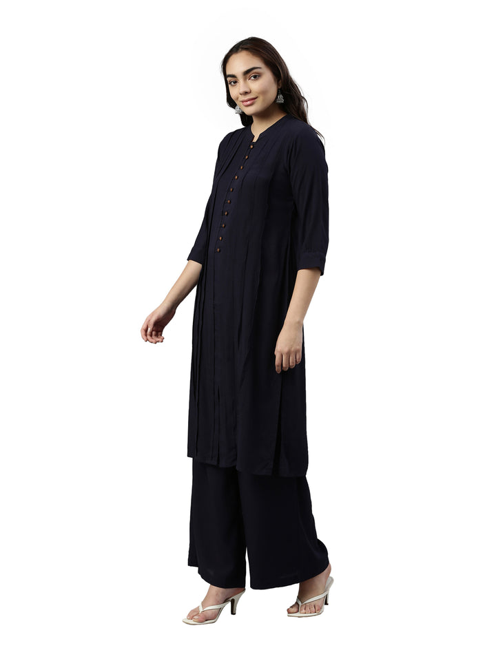 Neerus Blue Rayon Solid Straight Kurta with Dupatta - side view