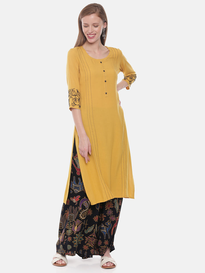 Neerus Yellow rayon embroidered straight kurta - front view