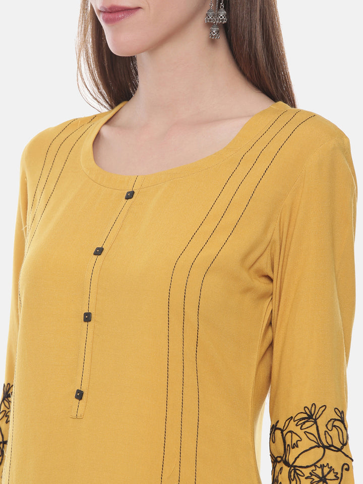 Neerus Yellow rayon embroidered straight kurta - back view