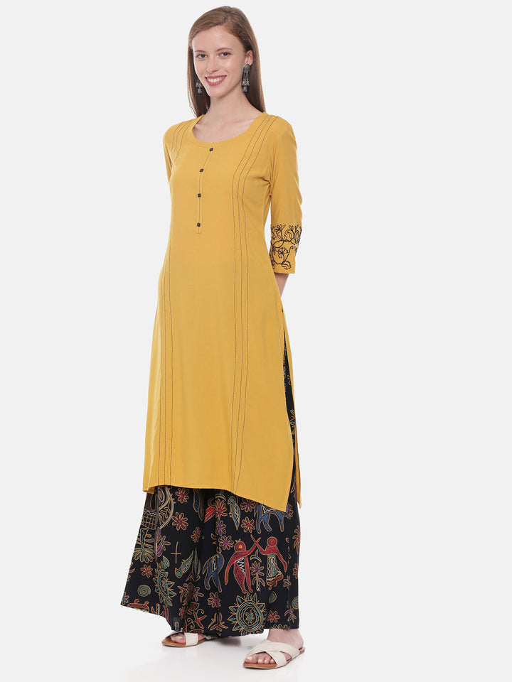 Neerus Yellow rayon embroidered straight kurta - side view